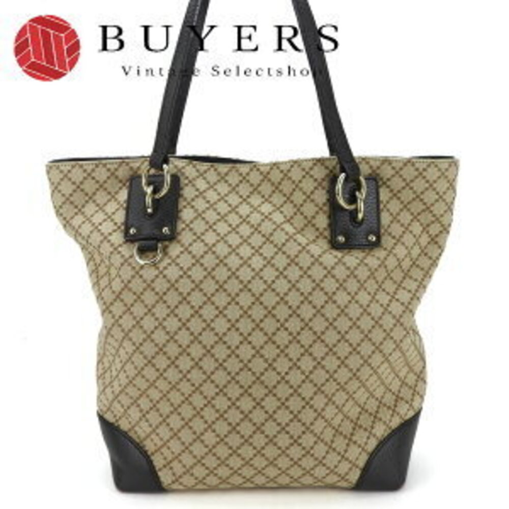 Gucci Tote Bag Diamante Canvas Leather Beige Dark Brown Vertical GUCCI